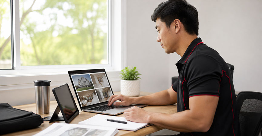 A male property inspector sitting at a desk compiling a building and pest inspection report on his laptop using property photos.