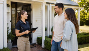 A female property inspector holding a tablet greets a couple on the front porch of a house to begin a building and pest inspection.