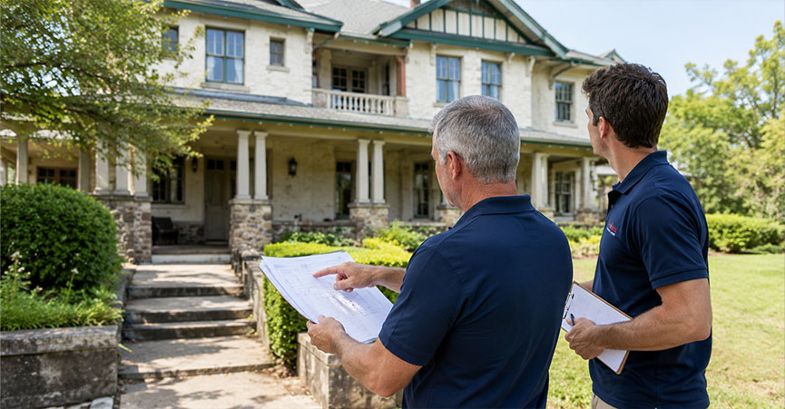 Two building and pest inspectors reviewing property blueprints while looking at a large, historic two-story residential estate