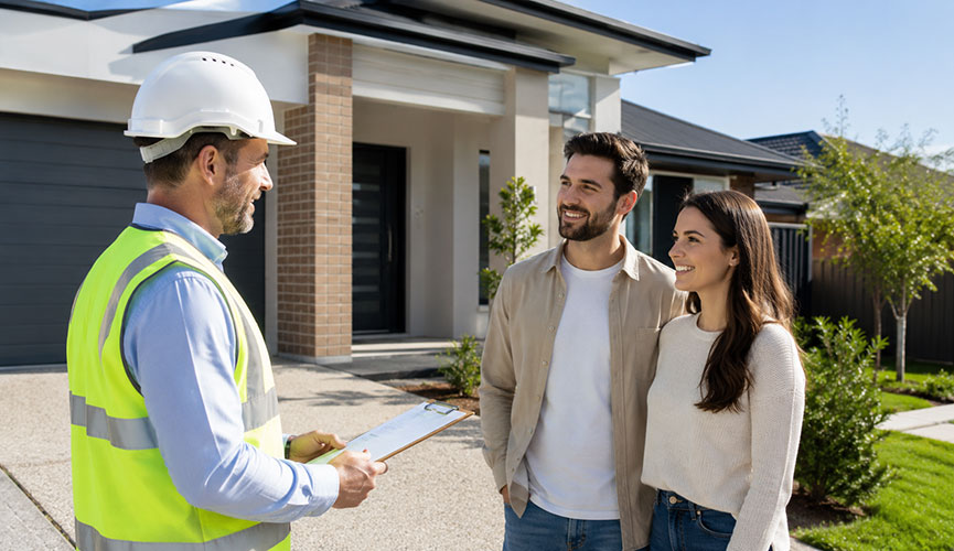 Professional inspector in hard hat and safety vest discussing property inspection with a young couple outside a modern house.