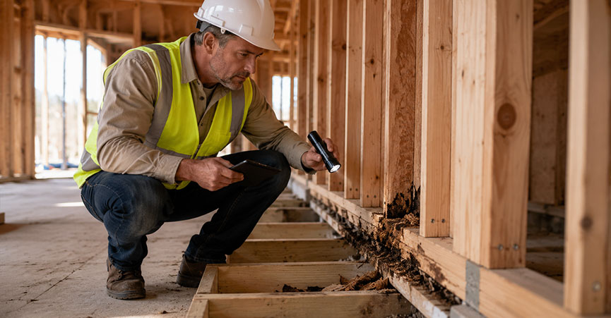 Building inspector checking timber house frame for wood rot.
