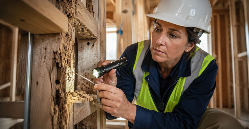 A female pest control technician wearing a hard hat and safety vest uses a flashlight to inspect severe termite damage in wood framing.