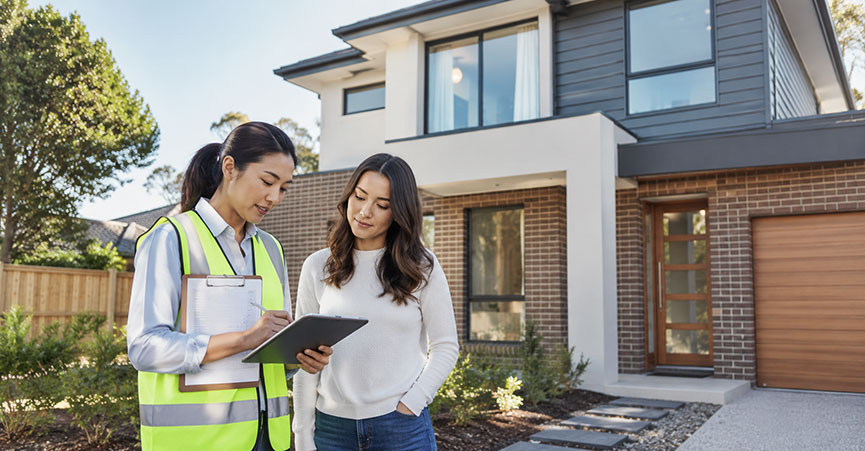 A female building and pest inspector reviewing a digital report on a tablet with a home buyer outside a modern two-story brick house.