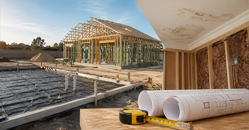 Split screen showing a house under construction with timber framing, architectural blueprints with a tape measure, and water damage stains on an interior ceiling.