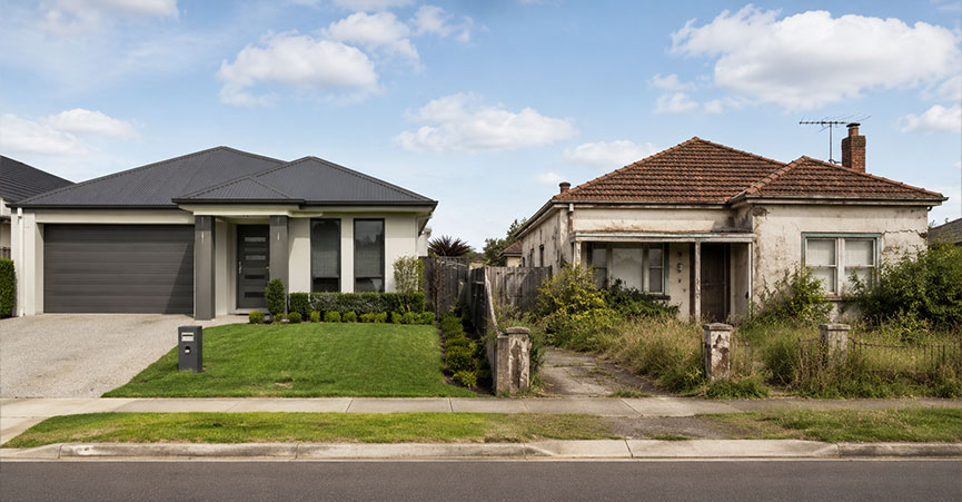 Side-by-side comparison of a modern single-story house with a manicured lawn next to an old, abandoned house with overgrown weeds and peeling paint.